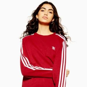 Red Adidas Crew Neck Three Stripe Logo Sweatshirt Retro Small